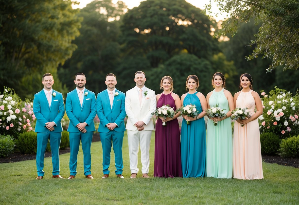 Groomsmen and bridesmaids stand in a row, wearing matching colors, surrounded by flowers and greenery