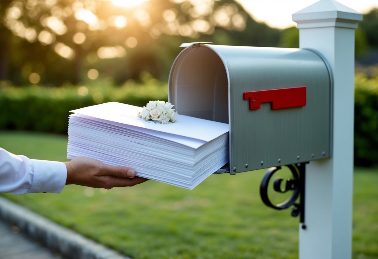 A stack of elegant wedding invitations being placed into a mailbox