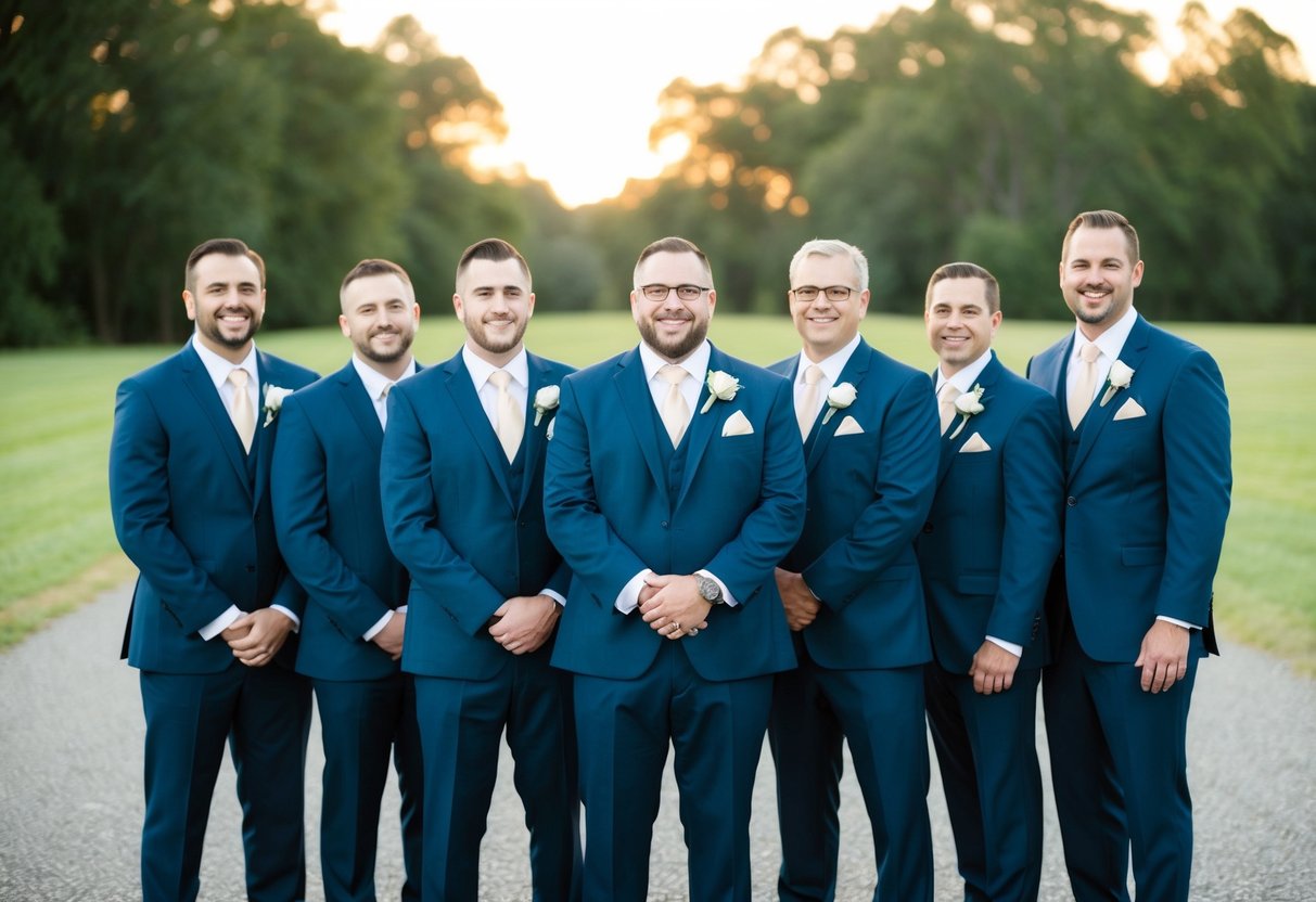 Groomsmen and dads in matching suits and ties, standing together