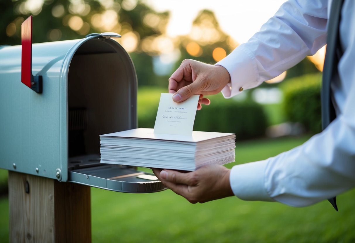 A stack of elegant wedding invitations being placed into a mailbox