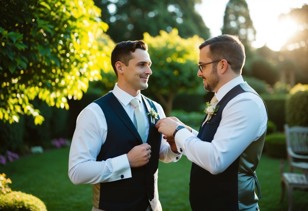 Two groomsmen stand in a lush garden, one adjusting the other's tie. The sun casts a warm glow, creating a serene and intimate atmosphere