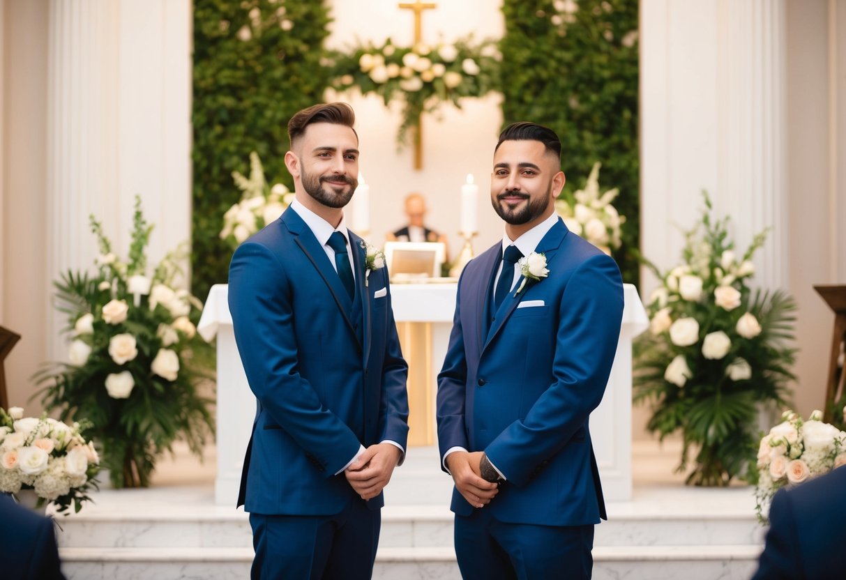 Two groomsmen standing side by side, one slightly taller than the other, in front of a wedding altar with flowers and decorations
