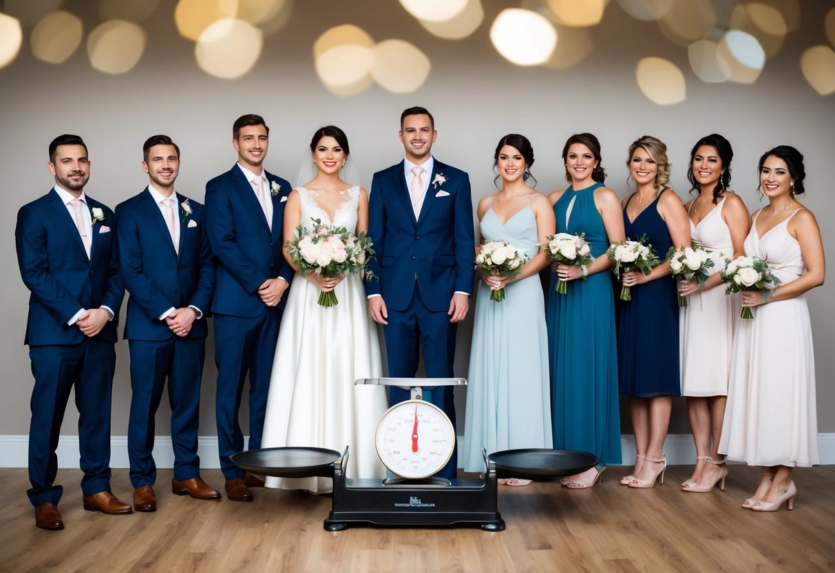 A bride and groom stand on either side of a scale, with two groomsmen on one side and a varied group of bridesmaids on the other