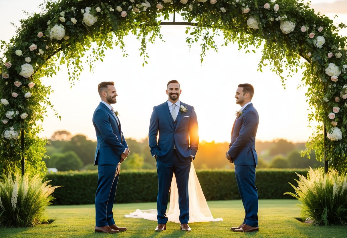 Two groomsmen stand by an elegant wedding arch, surrounded by lush greenery and flowers. The sun is setting, casting a warm glow over the scene