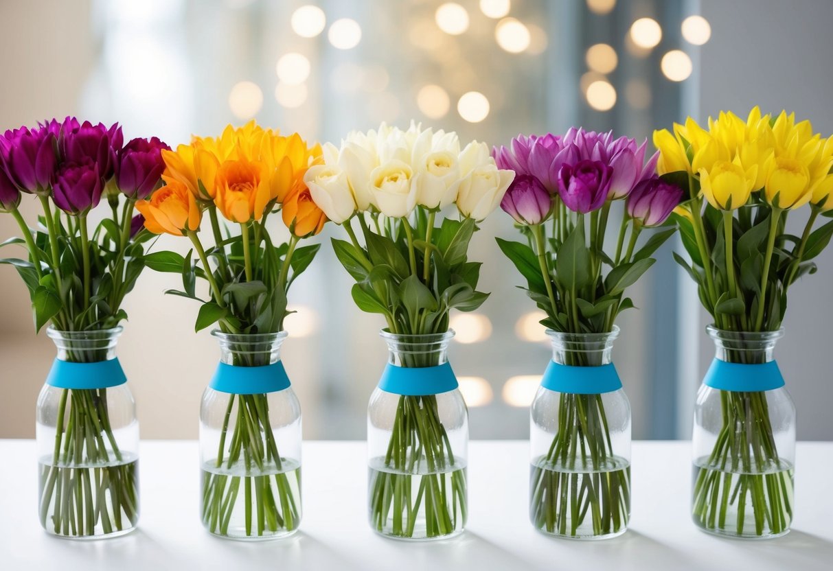 Five identical bouquets of flowers arranged in a row, each with a different color scheme. A decision is being made