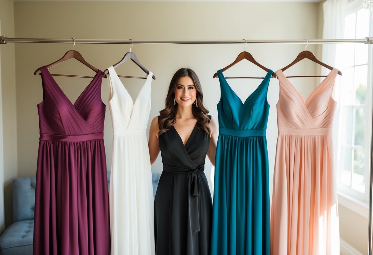 A woman surrounded by three or five elegant bridesmaid dresses, each in a different color, hung on a clothing rack in a sunlit room