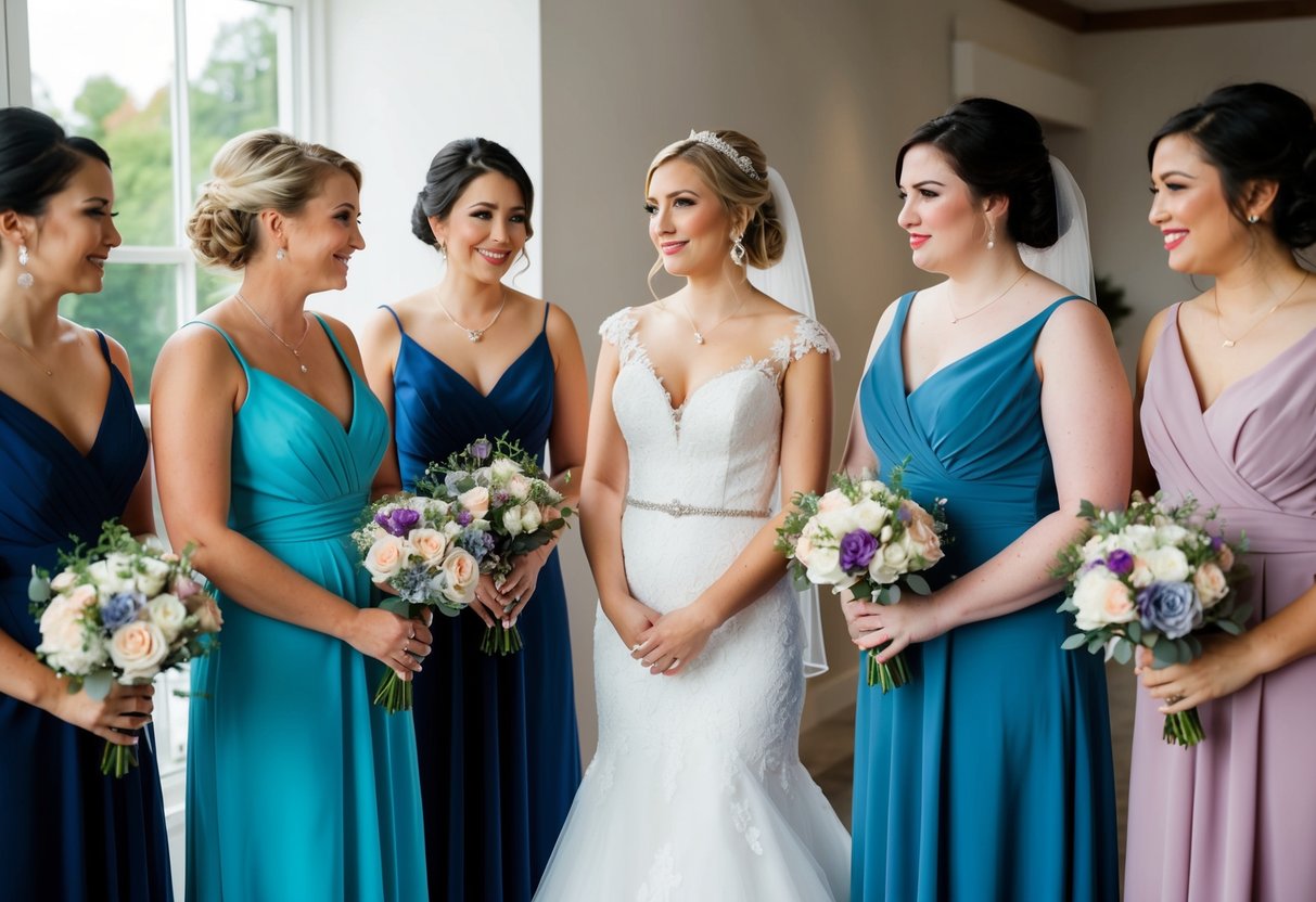 A bride stands between three and five bridesmaids, considering her options. Bouquets and dresses in varying colors surround them