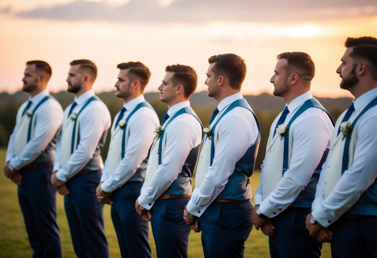 Groomsmen stand in a line, varying distances apart, facing a distant point