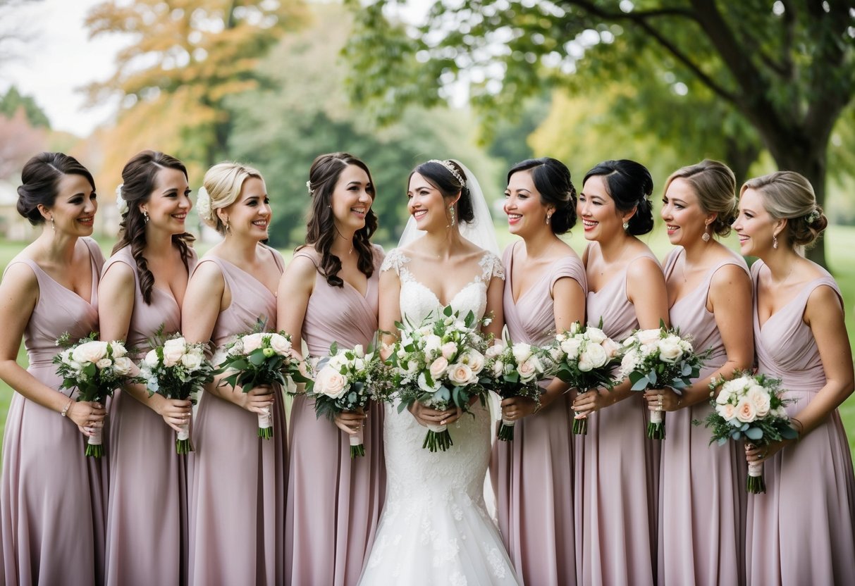 Eleven bridesmaids stand in a row, wearing matching dresses and holding bouquets. They smile and chat while posing for photos