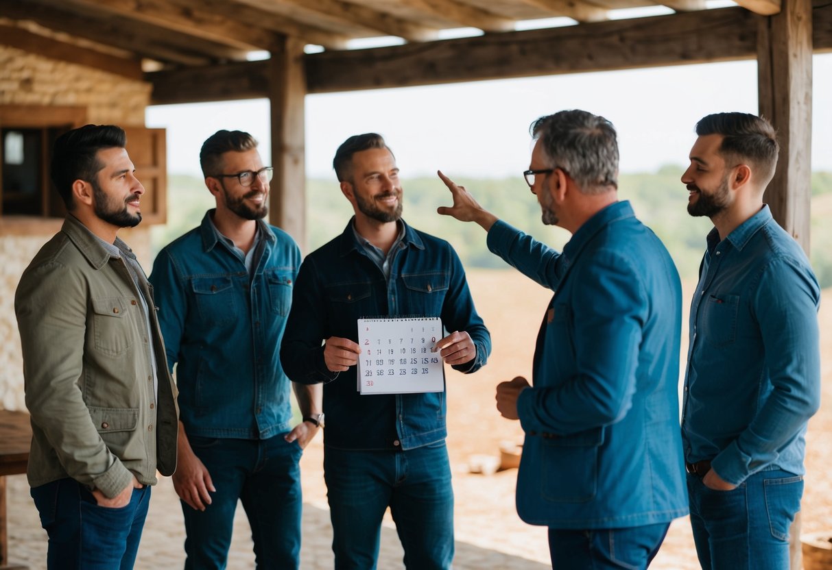 A group of men standing in a rustic setting, with one man holding a calendar and gesturing towards it while the others look on attentively