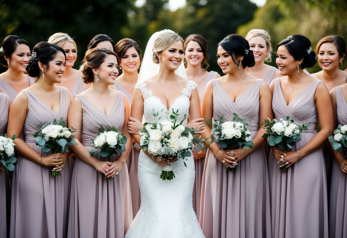 A bride surrounded by a large group of bridesmaids, all dressed in matching attire, standing in a line or posed together