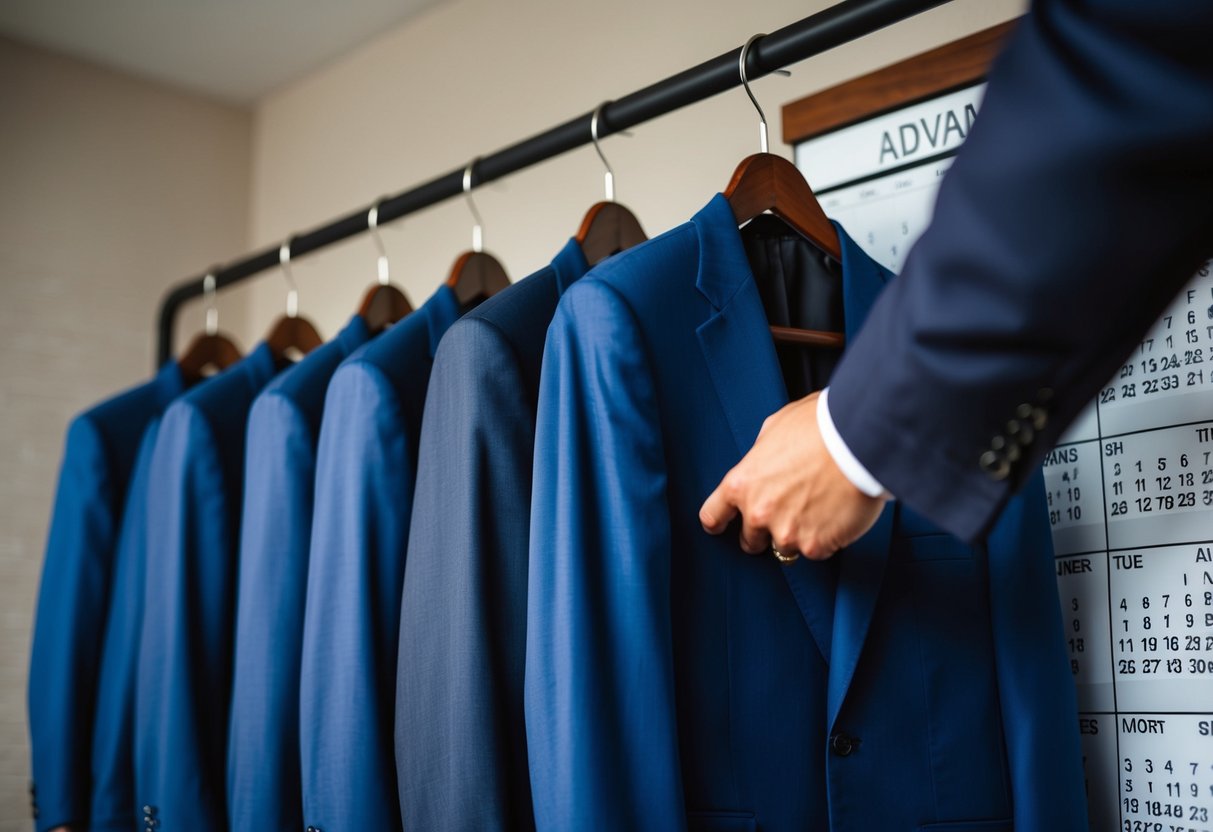 Groomsmen's suits hanging on a rack, with a calendar showing a date several months in advance. A hand reaching for a suit