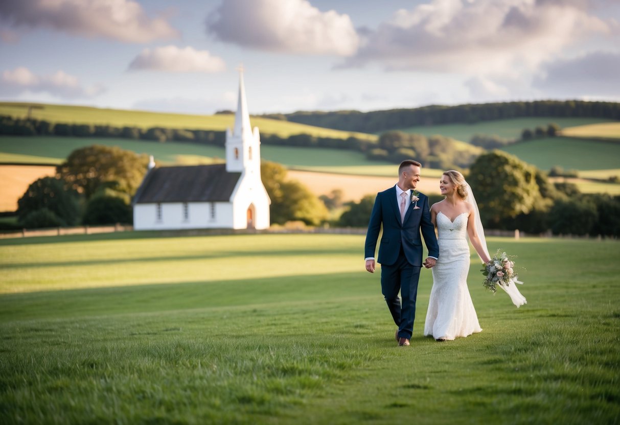 A couple elopes to Gretna Green, a quaint countryside setting with a small church and rolling hills in the background