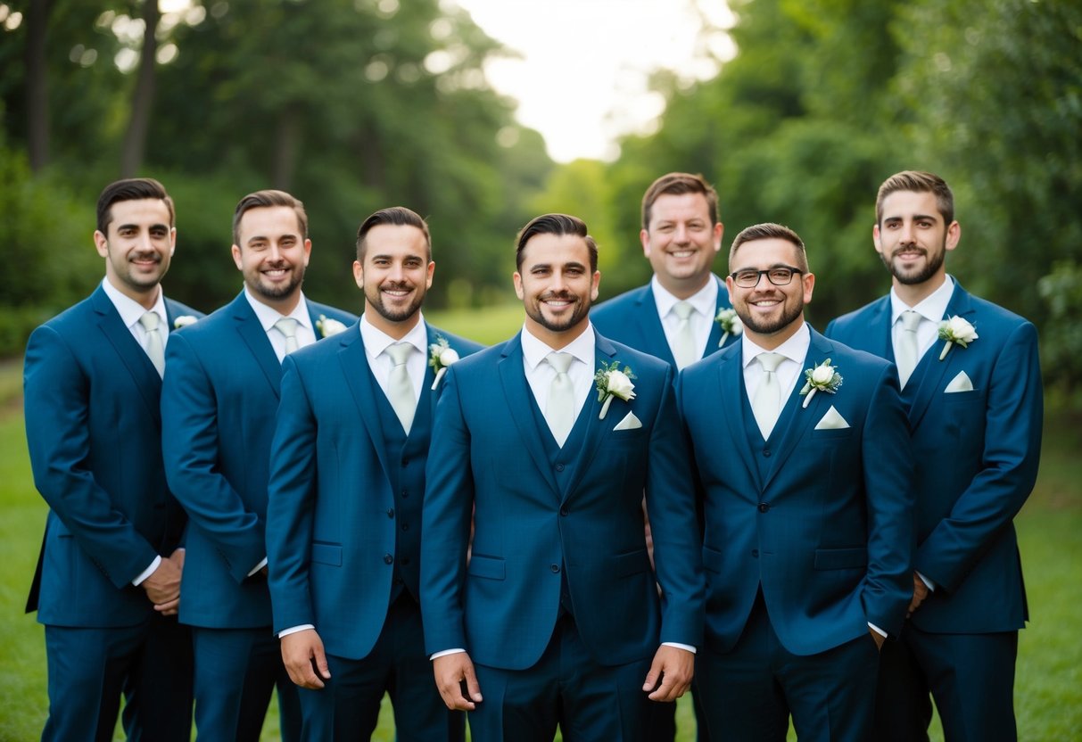 A group of groomsmen stand together, with one man in the center slightly apart from the others, indicating he is the best man