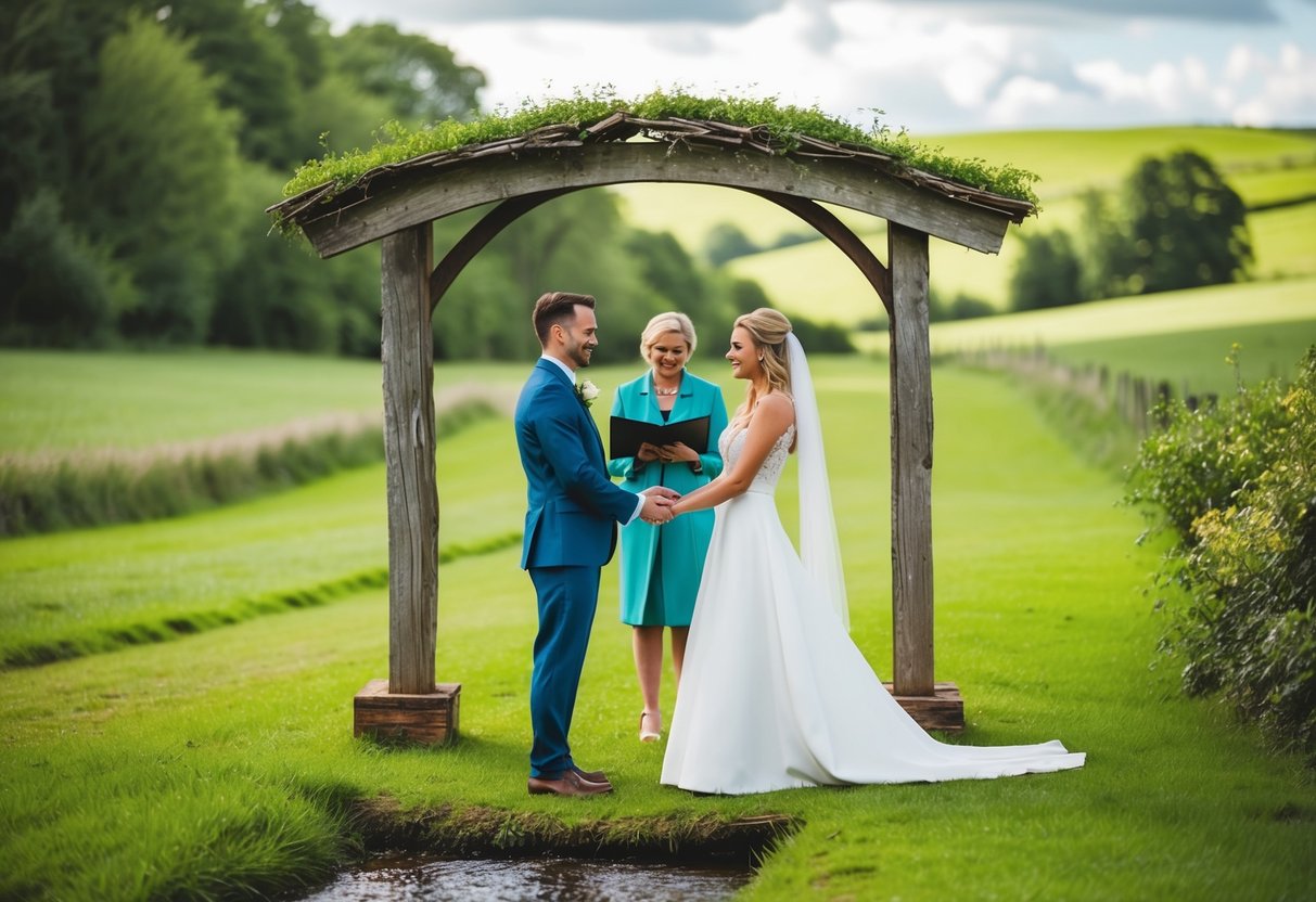 A couple stands under a rustic archway in a lush, green countryside, exchanging vows as a small stream flows nearby