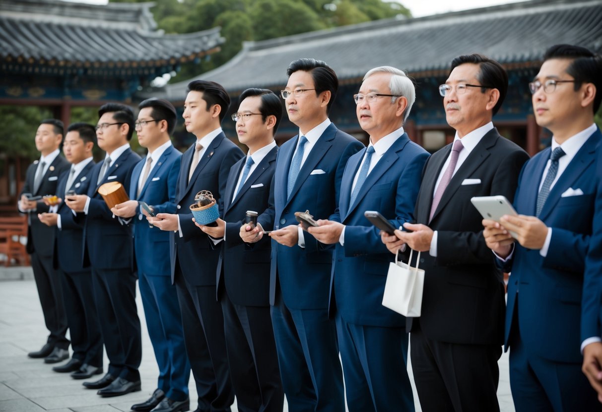 A group of men in suits stand in a line, some holding traditional items while others hold modern objects