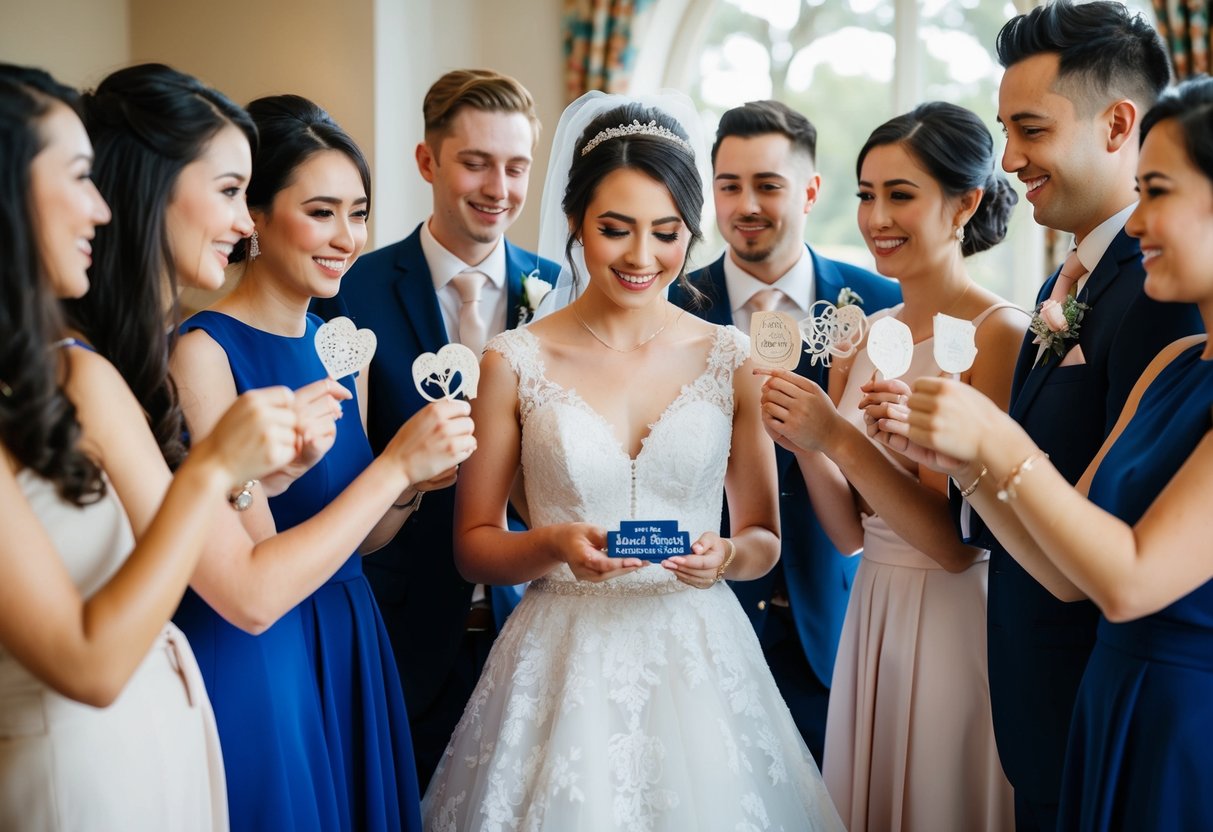 A group of friends gather around the bride, each holding a symbolic item or gesture of support, while the bride presents them with personalized tokens of gratitude