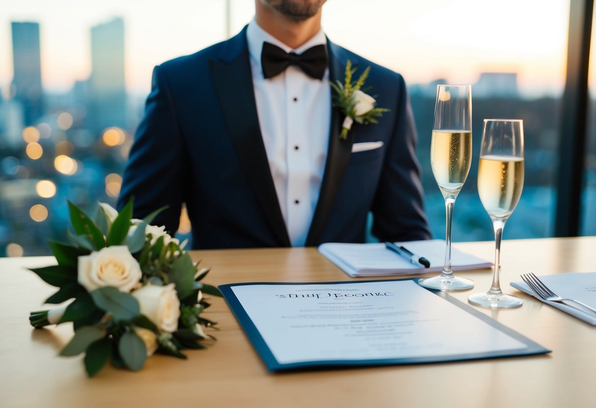 A tuxedo and a boutonniere on a table with a wedding program and a champagne glass