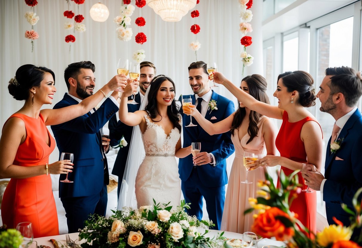 A group of friends gather around the bride, raising their glasses in a toast, while others set up decorations and flowers for the pre-wedding celebrations