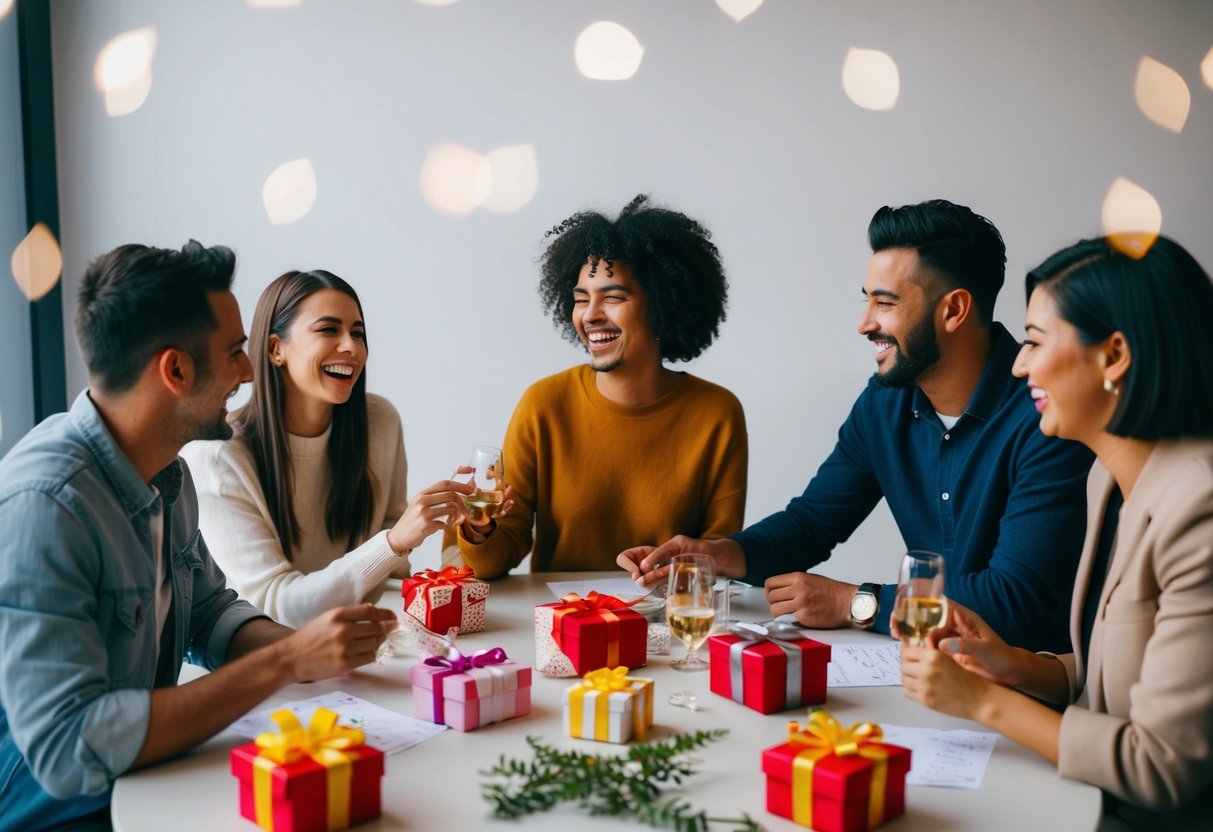 A group of friends sitting around a table, sharing laughter and memories, with personalized gifts and handwritten notes scattered around
