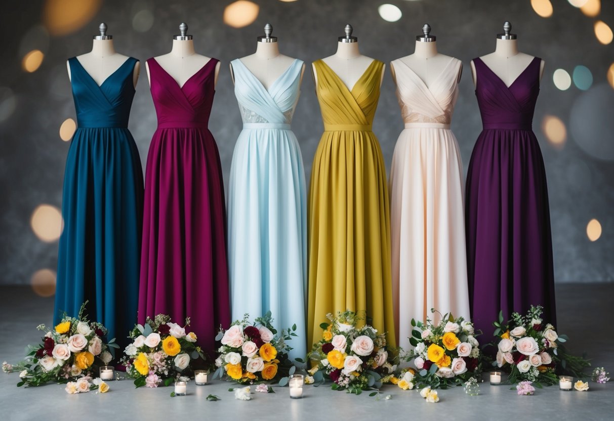 Four elegant dresses arranged in a row, each with a different color and style, surrounded by floral bouquets and scattered accessories