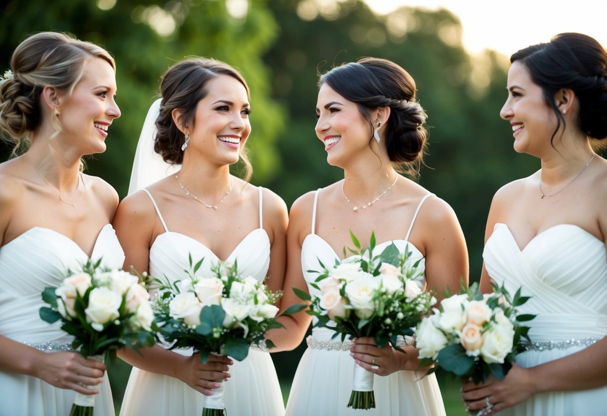 A group of four bridesmaids stand together, smiling and chatting. The scene depicts the camaraderie and support of a larger bridal party