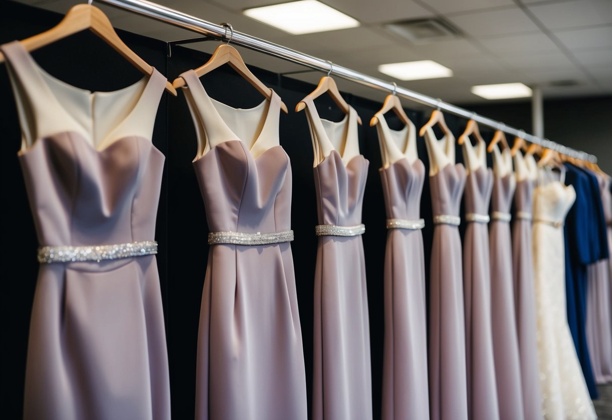 A line of matching bridesmaid and groomsmen attire on display