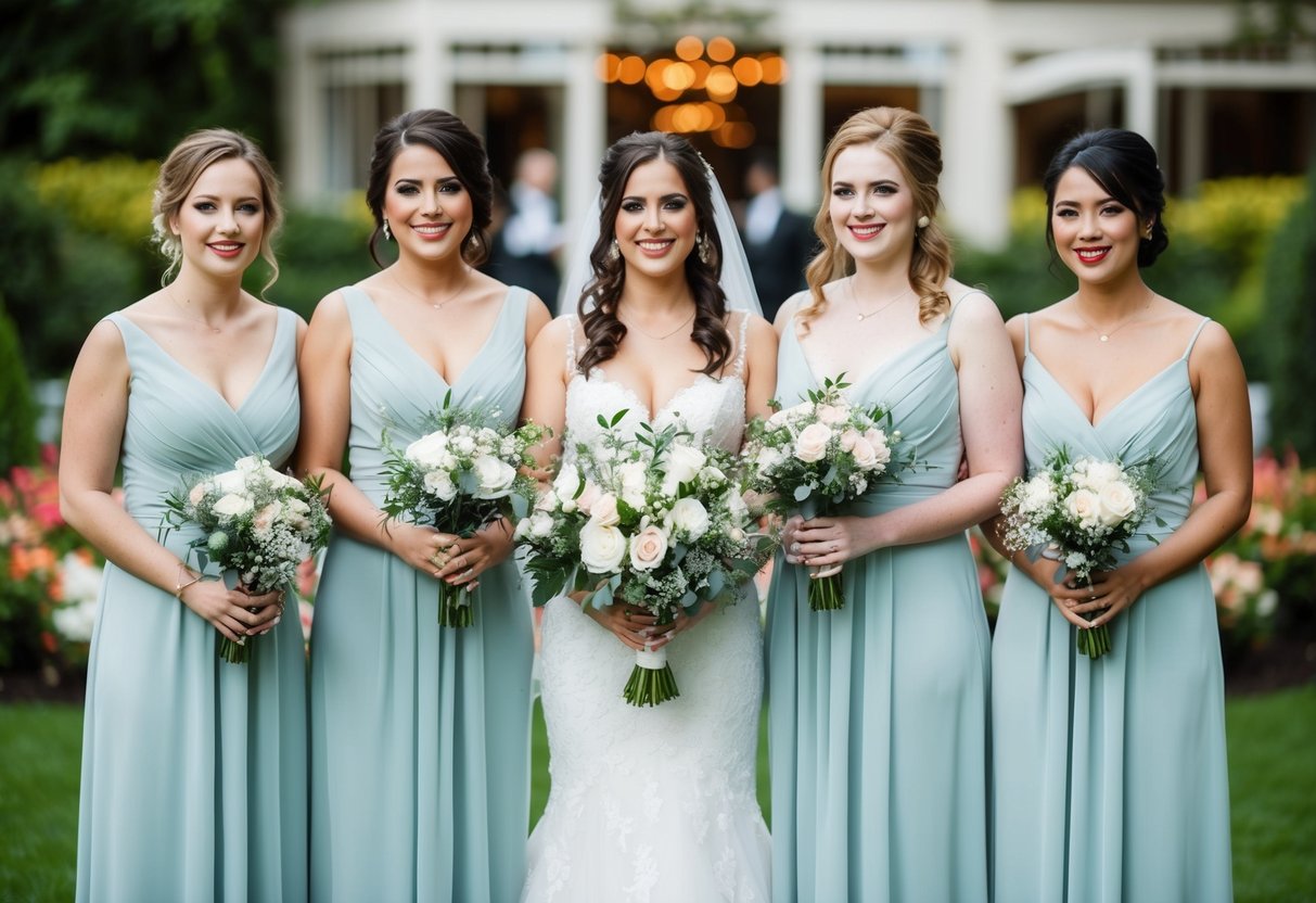 Four bridesmaids standing in a row, each holding a bouquet, with a scenic backdrop of a lush garden or elegant venue