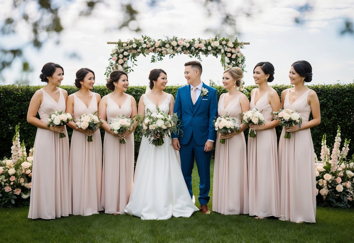 Bridesmaids and groomsmen stand in matching attire, surrounded by flowers and wedding decor