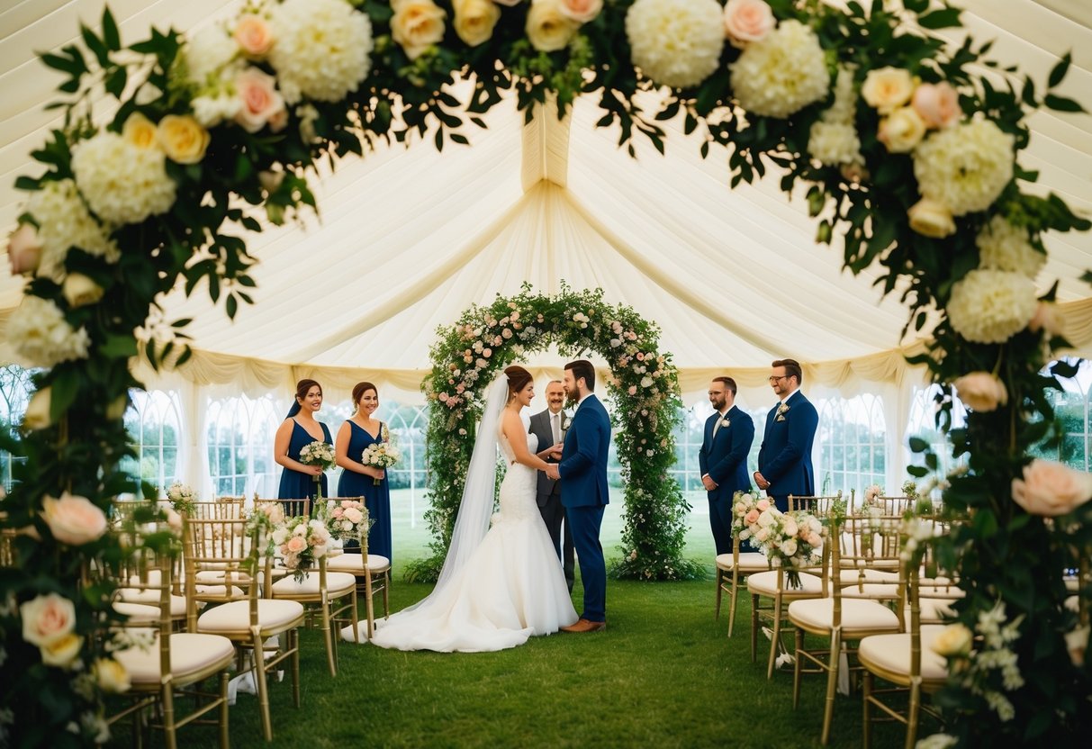 A marquee set up in a lush garden, adorned with flowers and elegant decor, with a bride and groom exchanging vows under a beautiful archway