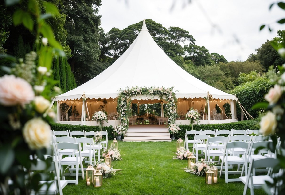 A picturesque outdoor setting with a white marquee surrounded by lush greenery, adorned with flowers and elegant decor, creating a romantic atmosphere for a wedding ceremony