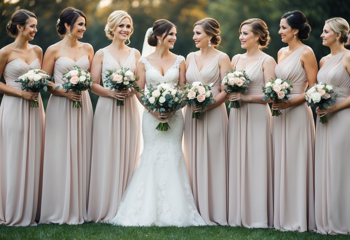 A group of bridesmaids stand together, each holding a bouquet, while one stands slightly apart, holding a single bouquet