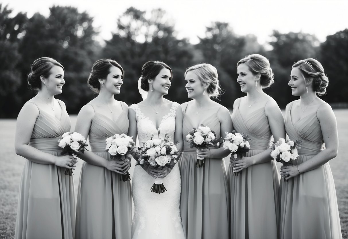 A group of bridesmaids stand together, with one slightly apart, indicating she is not the maid of honor