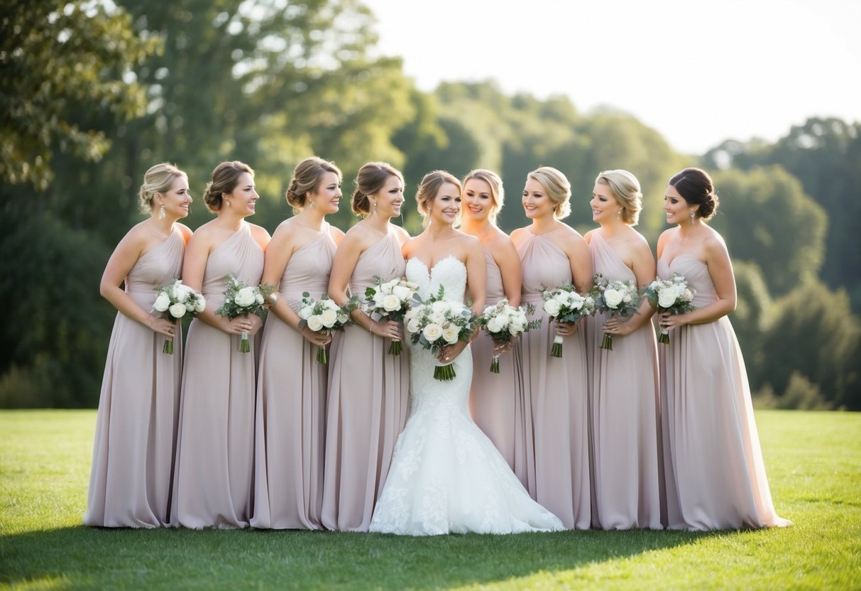 A group of bridesmaids standing together, one slightly apart, suggesting the absence of a maid of honor