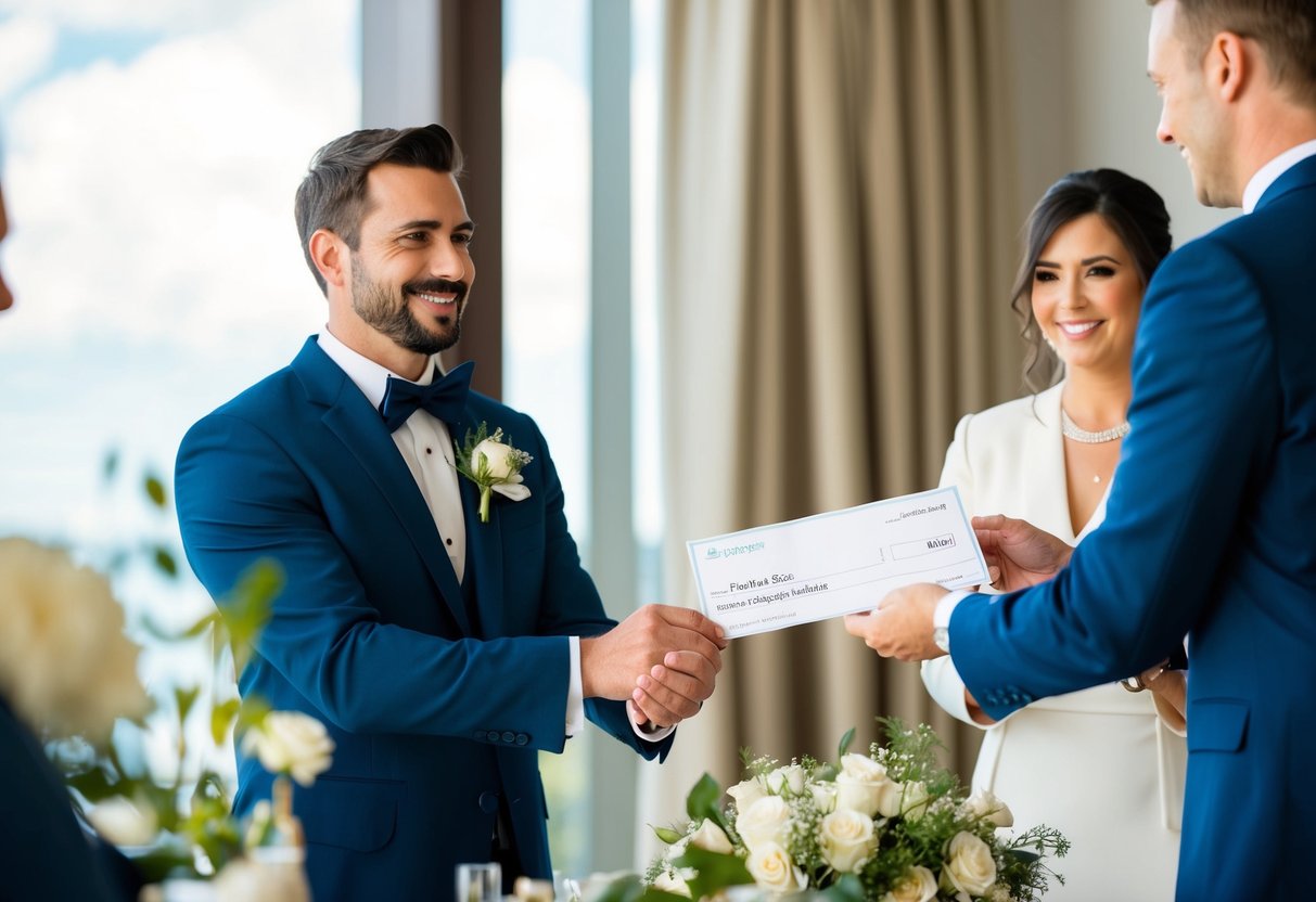 The best man hands over a check to the wedding planner, contributing to the pre-wedding and ceremony expenses