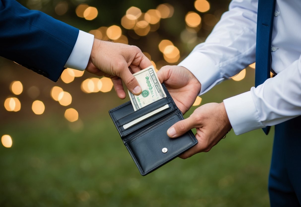 A best man handing over a wallet with money to cover wedding expenses