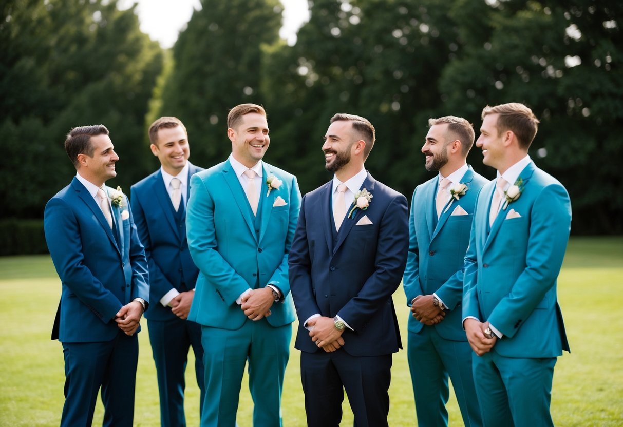 Groomsmen in mismatched suits chat and laugh while standing in a line