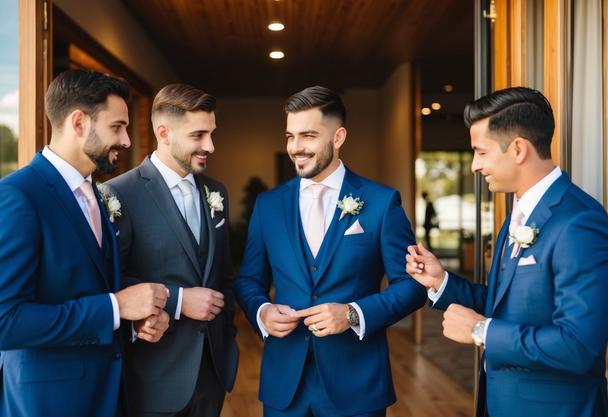 Groomsmen choosing different suits, comparing colors and styles