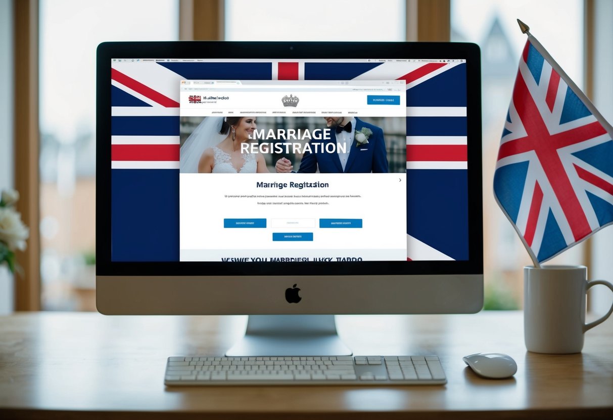 A computer with a marriage registration website open on the screen, with a UK flag in the background