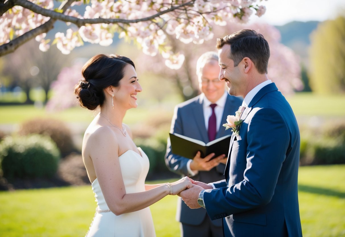 A couple exchanging vows in a small, intimate ceremony under a blooming tree