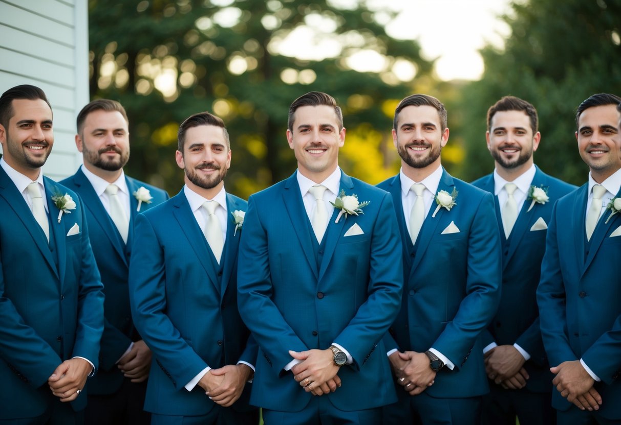 A group of men in matching suits stand beside the groom, ready to support him on his wedding day