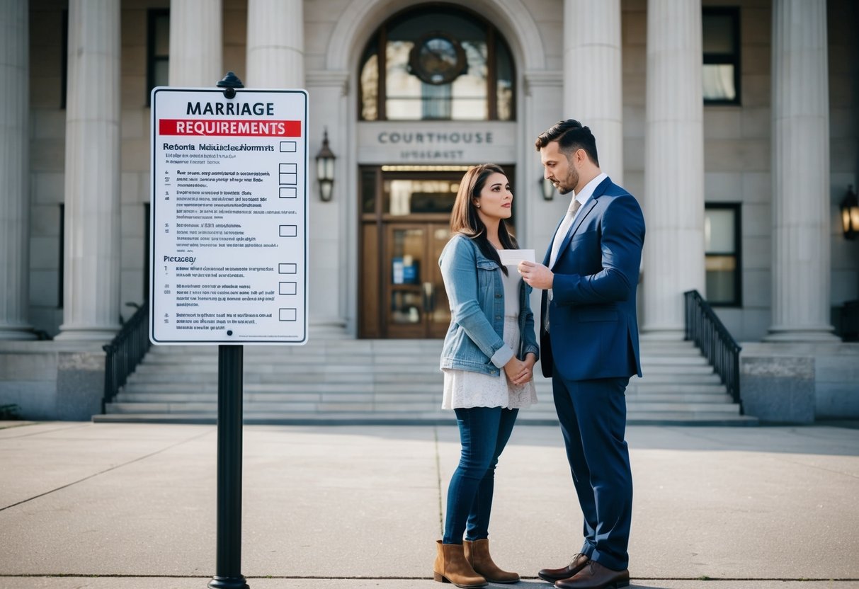 A couple standing in front of a courthouse, looking confused as they read a sign listing marriage requirements