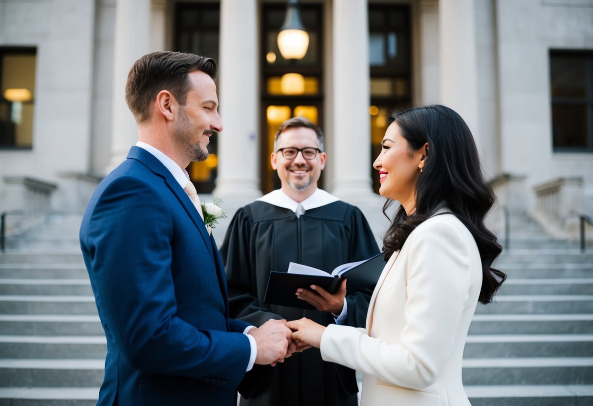 A couple standing in front of a courthouse with a wedding officiant, exchanging vows without prior notice