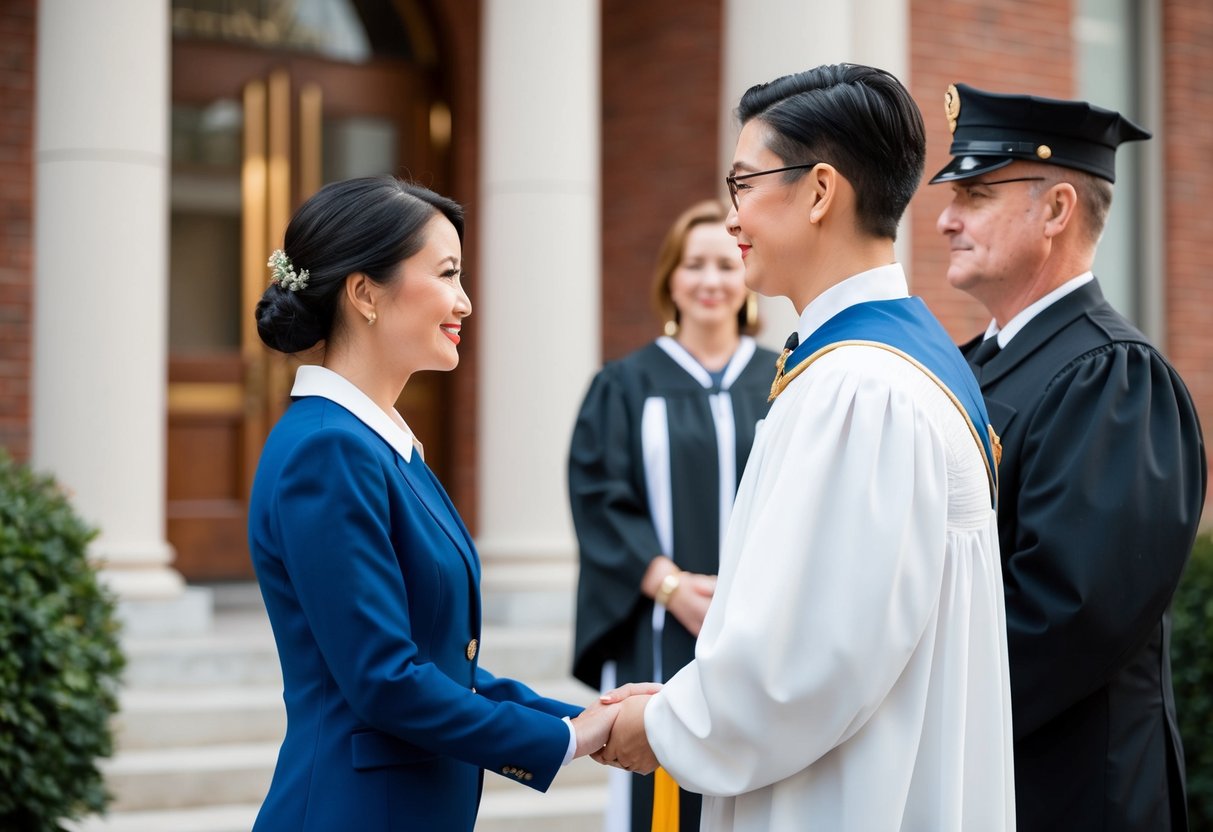 A couple stands before a justice of the peace in a simple courthouse ceremony