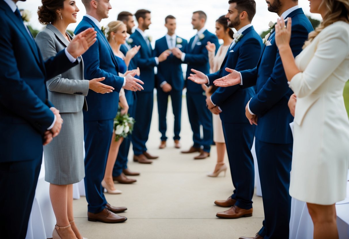 A group of figures stand in two separate lines, facing each other. They appear to be engaged in conversation, gesturing and nodding as they discuss wedding plans