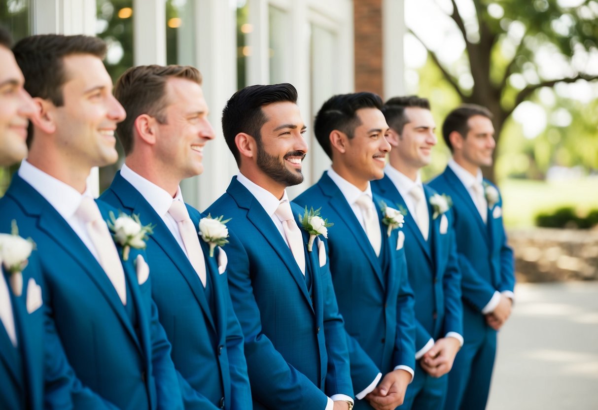 Groomsmen standing in a line, wearing matching suits and boutonnieres. They are smiling and chatting while waiting for the wedding ceremony to begin