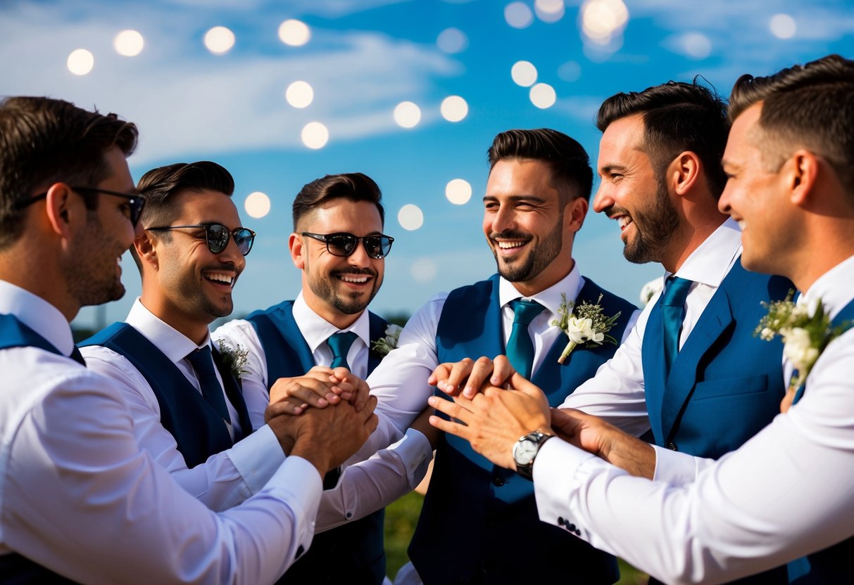 Groomsmen congratulating the newlyweds with handshakes and hugs, exchanging smiles and laughter in a celebratory atmosphere
