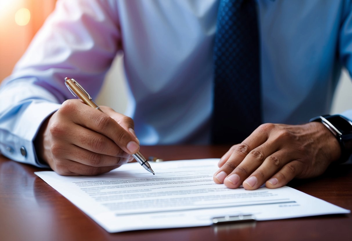 A figure signing divorce papers with a relieved expression
