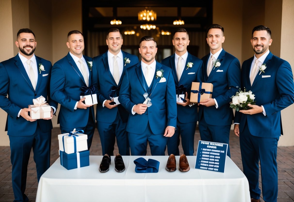 A group of groomsmen at a wedding, each holding items such as a suit, tie, shoes, and a gift for the groom. They are standing in front of a table with a list of additional expenses, including travel, accommodations, and bachelor party costs