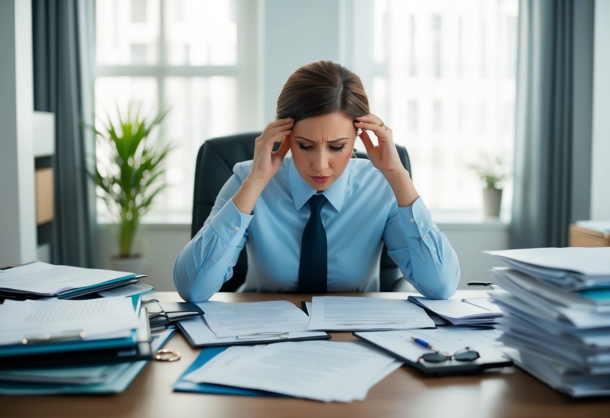 A person sitting at a cluttered desk, surrounded by legal documents and looking stressed while searching for information on how to dissolve a sham marriage
